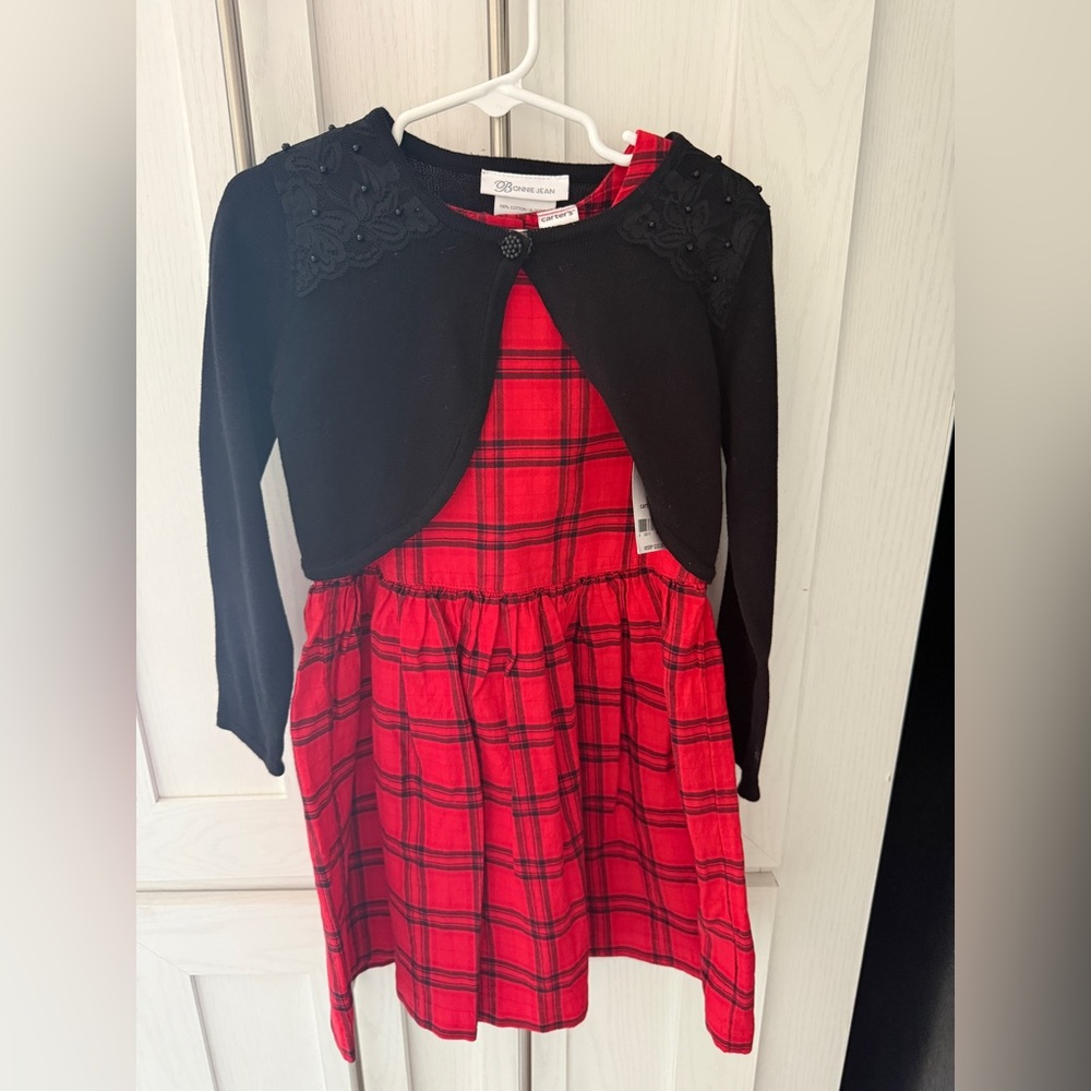 CARTER’S Red Plaid dress Sz 5T NWT w BONNIE JEAN HOLIDAY Crop Cardigan Sz 4T